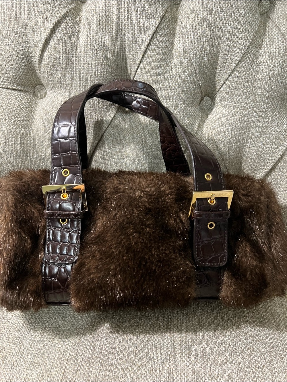Faux Fur Croc-Embossed Shoulder Bag in Dark Brown